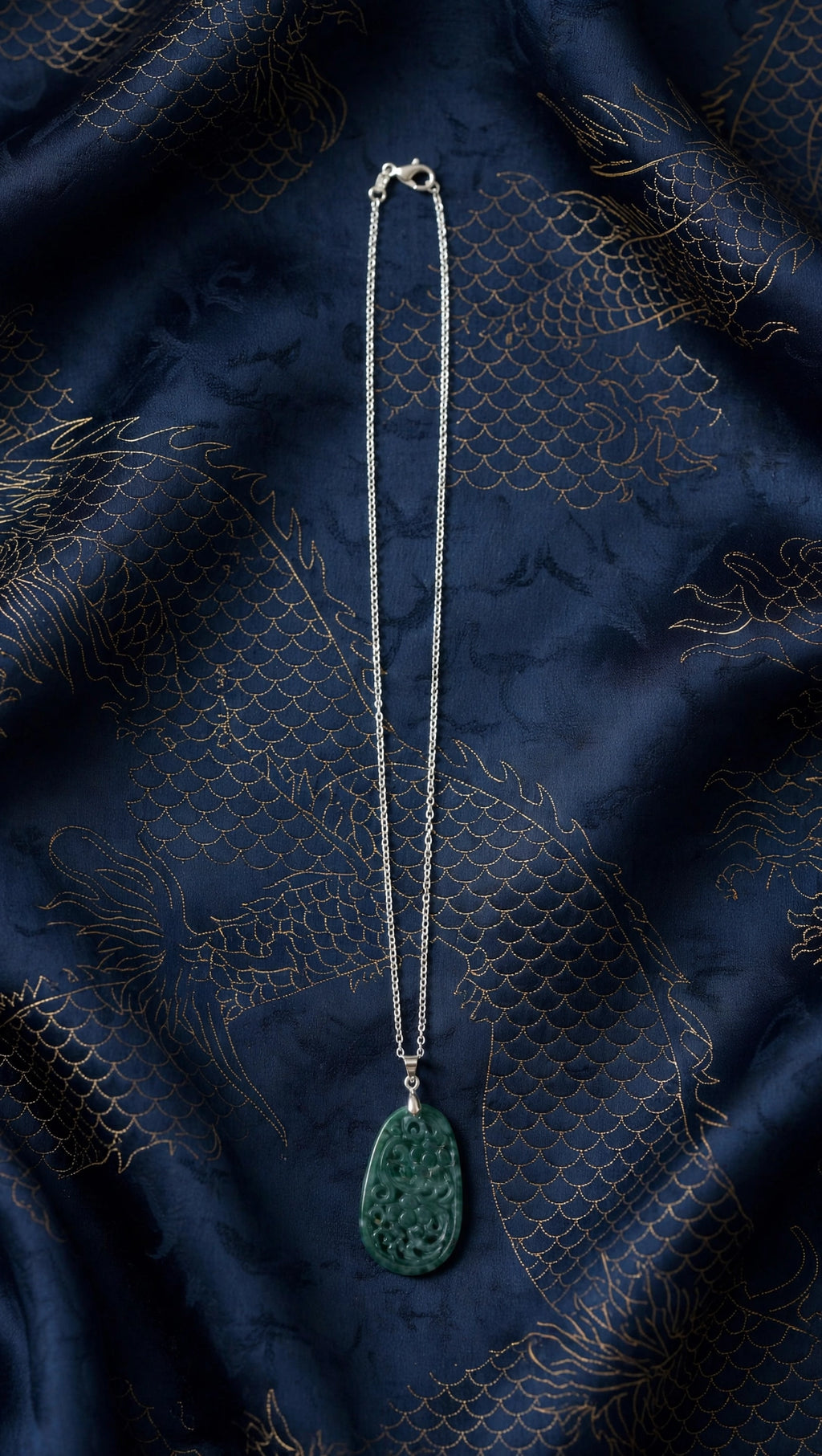 Oval Blue Water Jade Floral Carved Pendant Necklace