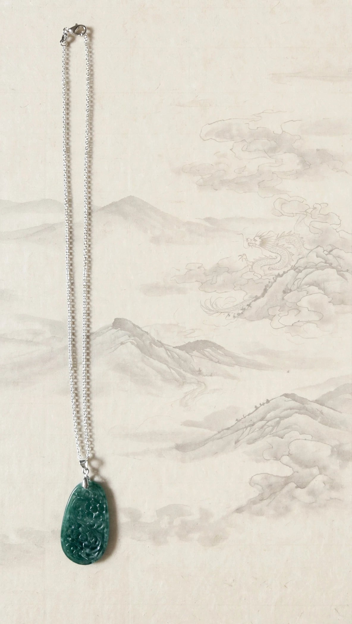 Oval Blue Water Jade Floral Carved Pendant Necklace