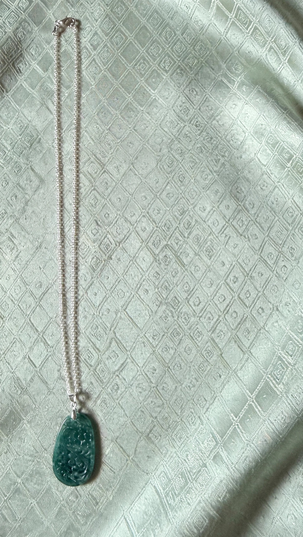 Oval Blue Water Jade Floral Carved Pendant Necklace