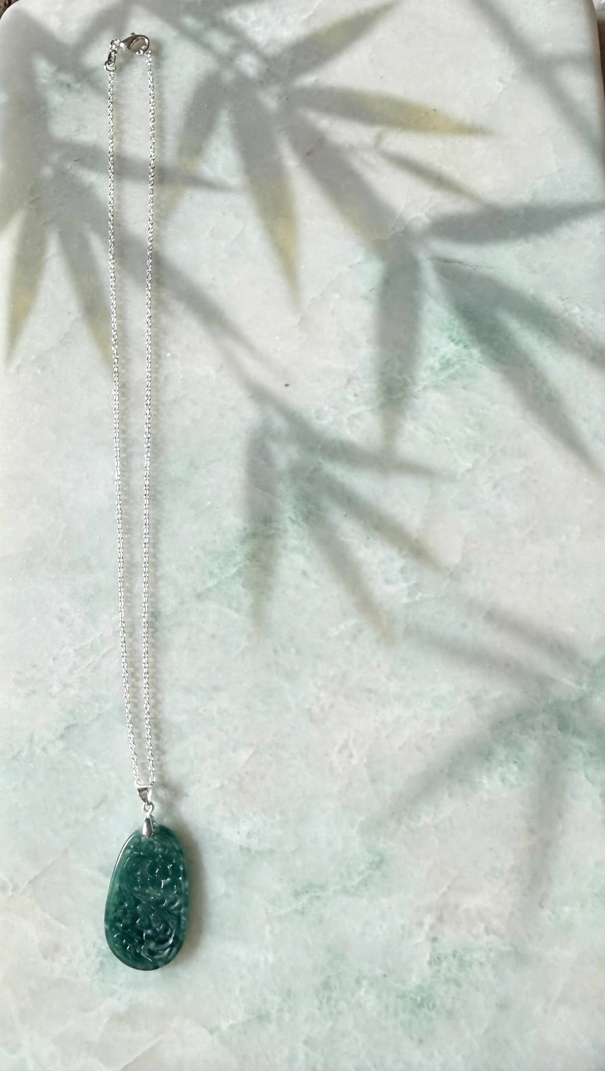 Oval Blue Water Jade Floral Carved Pendant Necklace