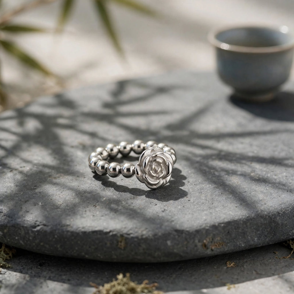 Natural Terahertz Stone Carved Rose Beaded Ring
