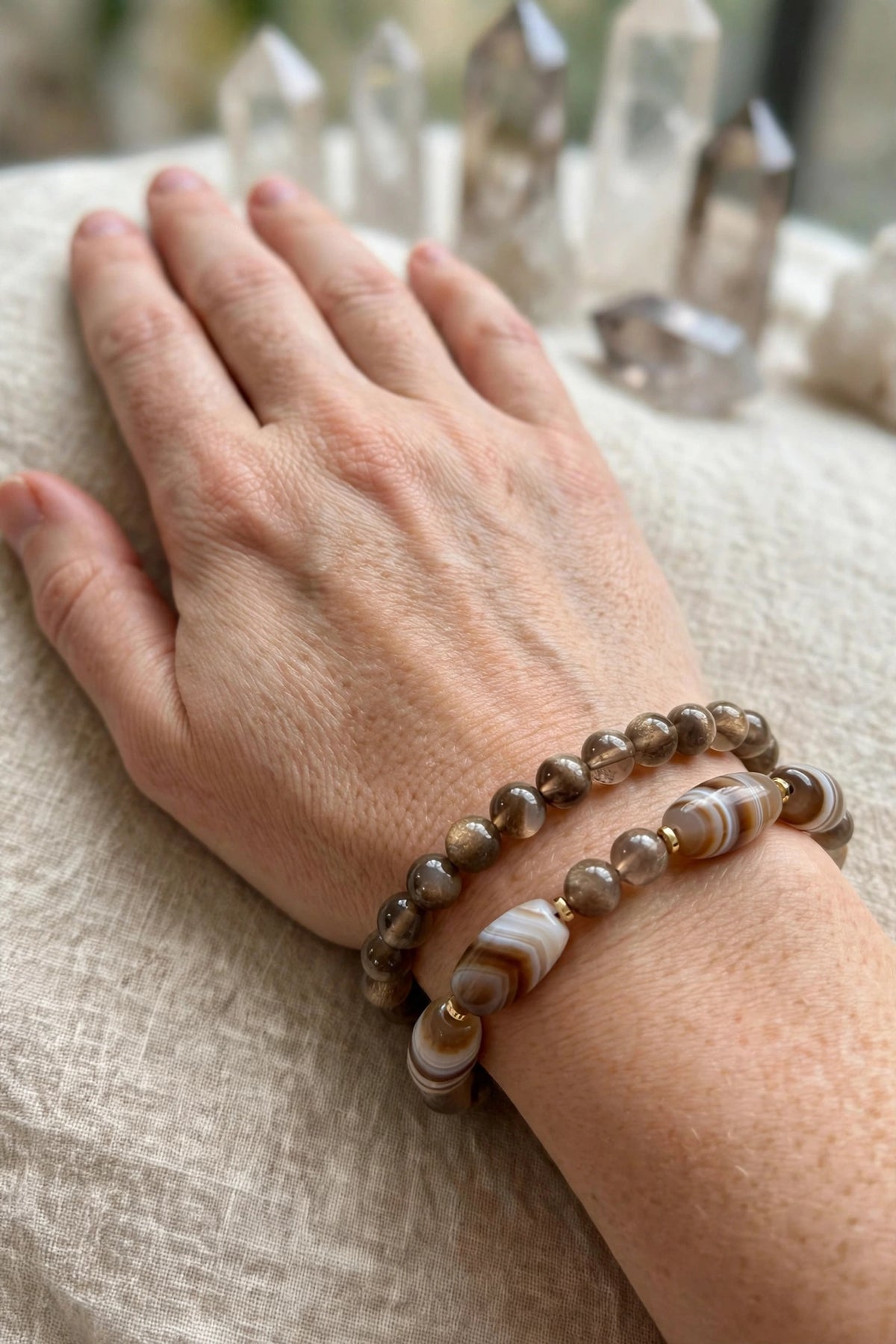 Black Gold Sunstone & Coffee Agate Stacked Bracelet Set