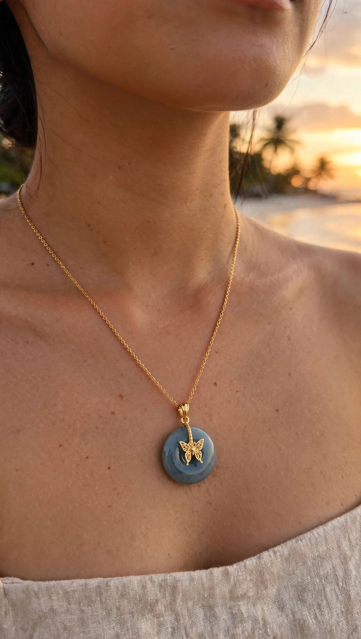 Whimsical Harmony: Natural Blue Water Jadeite Donut Butterfly Necklace