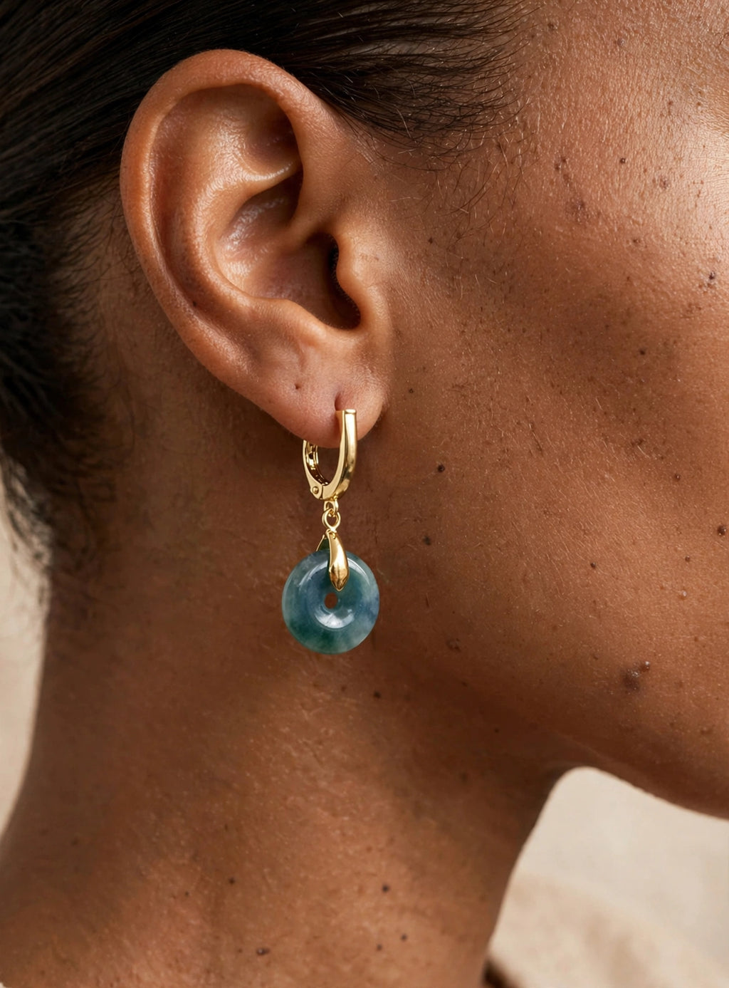 Blue Water Jade Donut U-Hoop Earrings in 18K Plated Gold