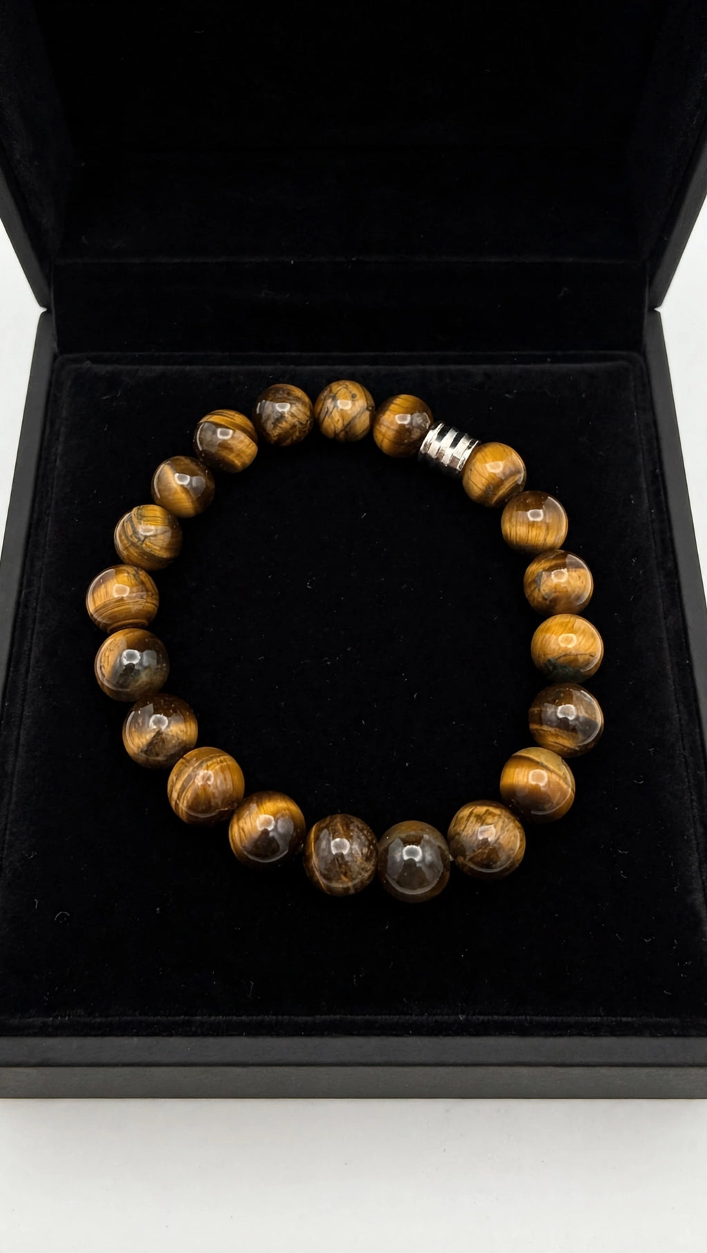 Golden Tiger’s Eye Bracelet with 18K White Gold Plated Barrel Pendant