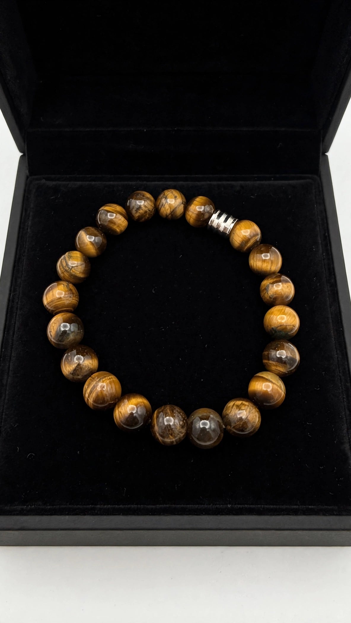 Golden Tiger’s Eye Bracelet with 18K White Gold Plated Barrel Pendant
