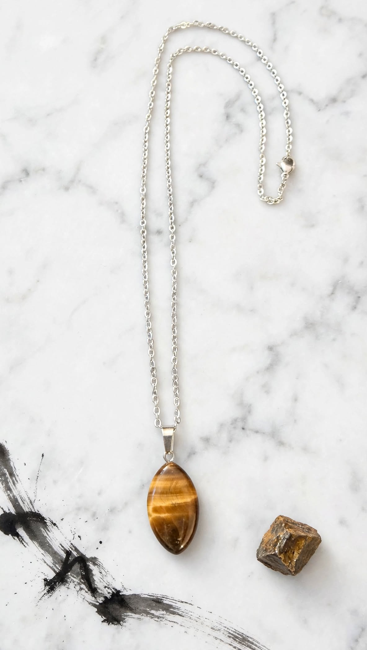 Natural Almond-Shaped Tiger's Eye Stainless Steel Necklace