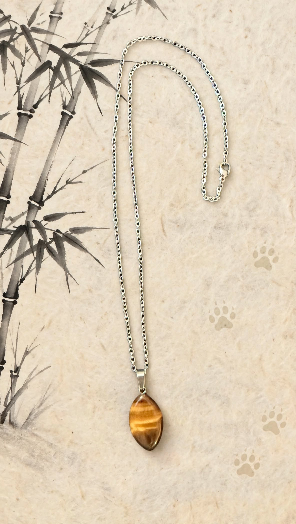 Natural Almond-Shaped Tiger's Eye Stainless Steel Necklace