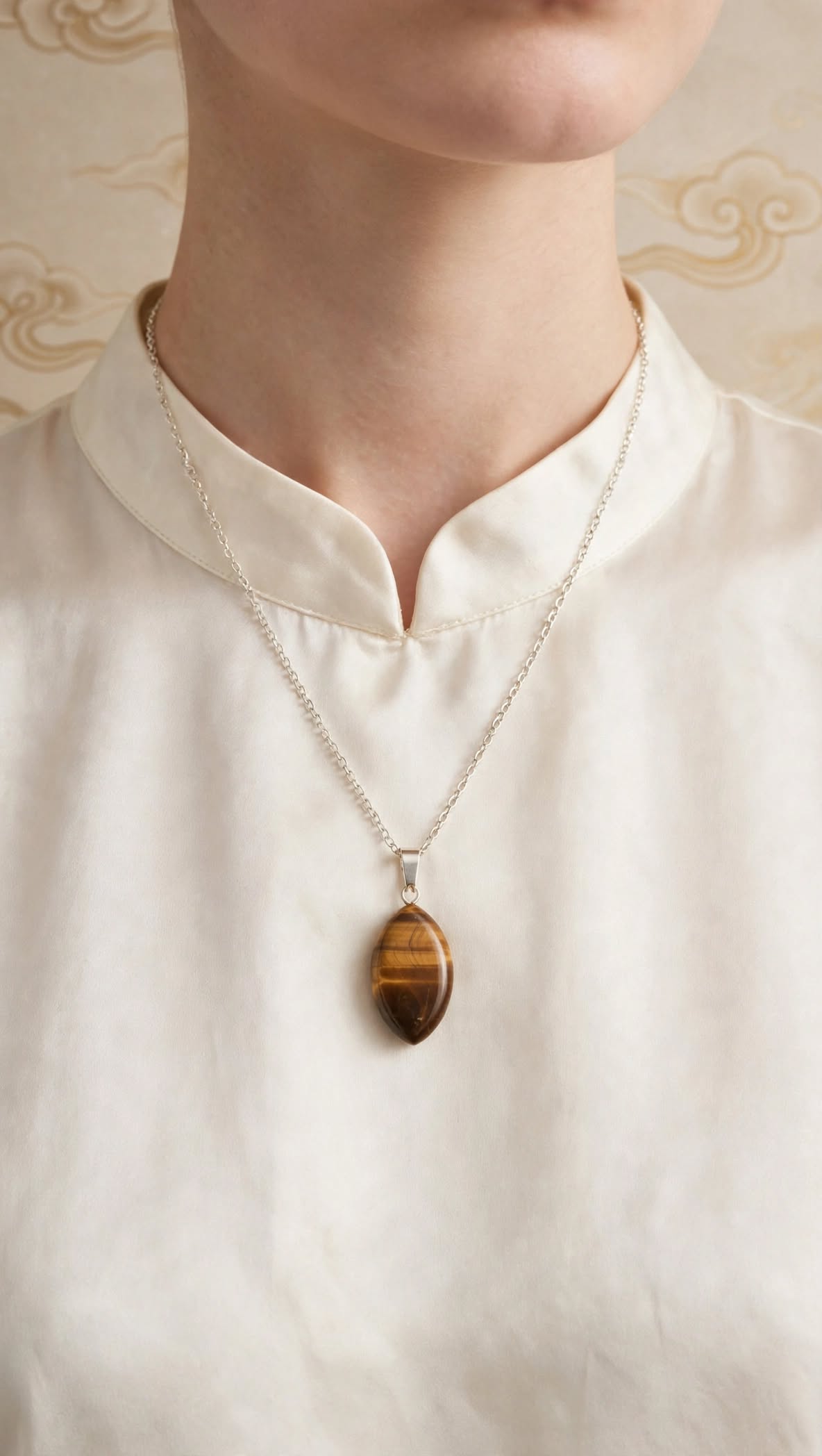 Natural Almond-Shaped Tiger's Eye Stainless Steel Necklace