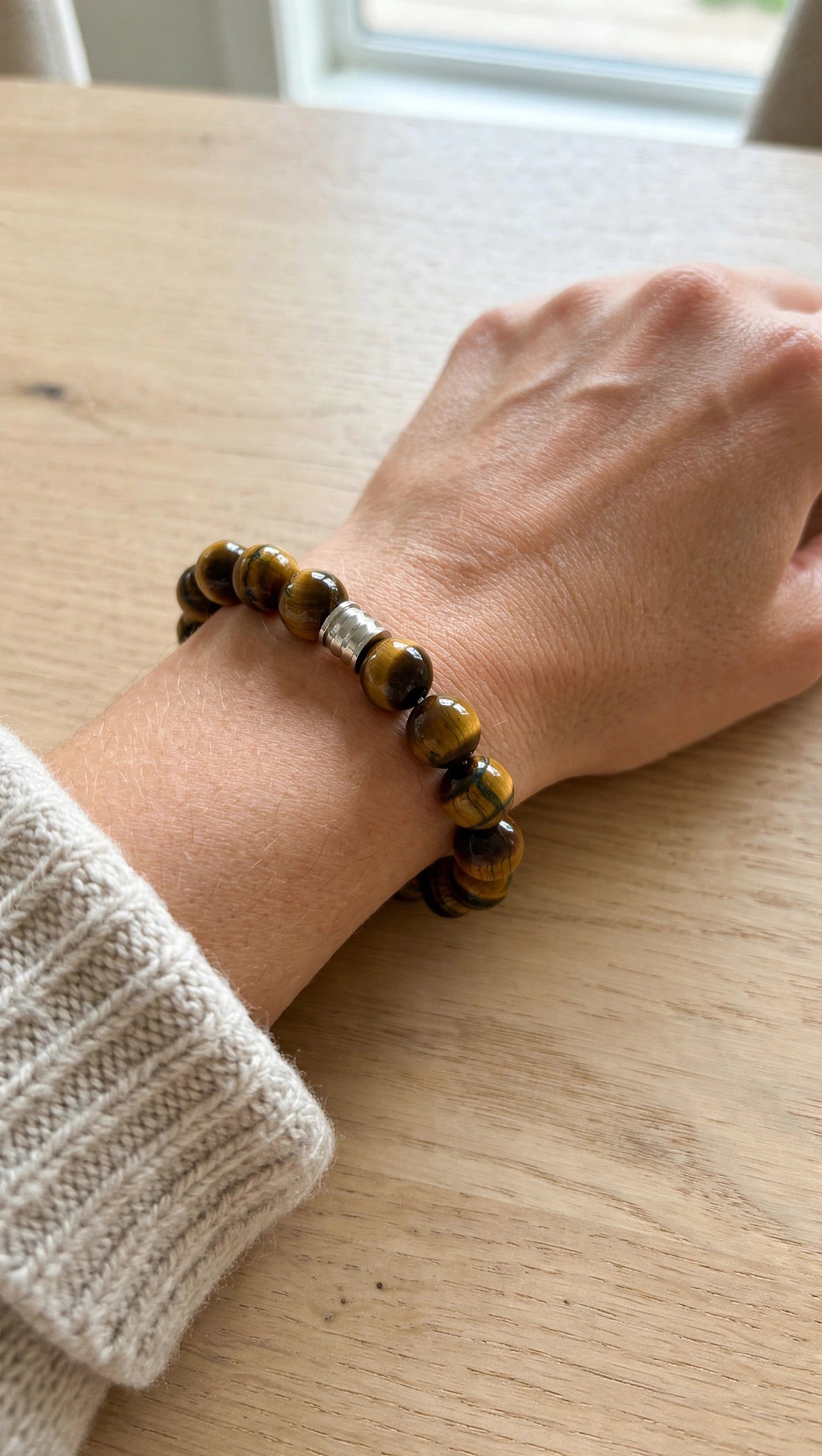 Golden Tiger’s Eye Bracelet with 18K White Gold Plated Barrel Pendant