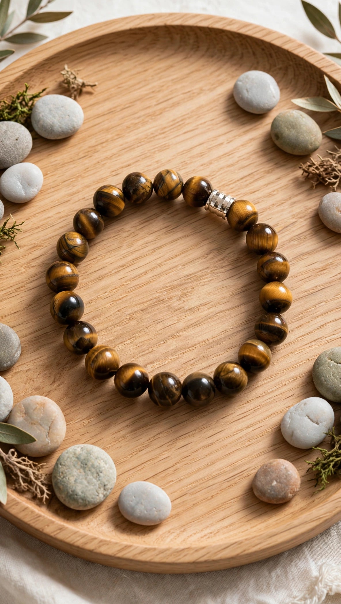 Golden Tiger’s Eye Bracelet with 18K White Gold Plated Barrel Pendant