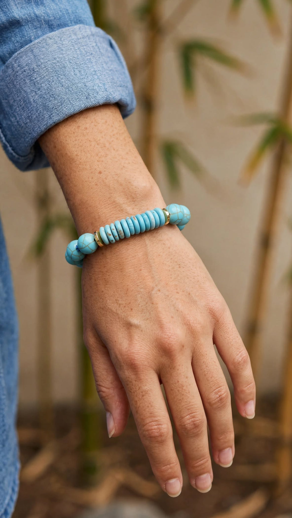 Natural Turquoise Bead & Disc Stack Accent Bracelet