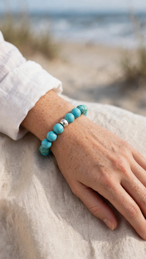 Authentic Turquoise Bead Bracelet with Silver-Plated Accent