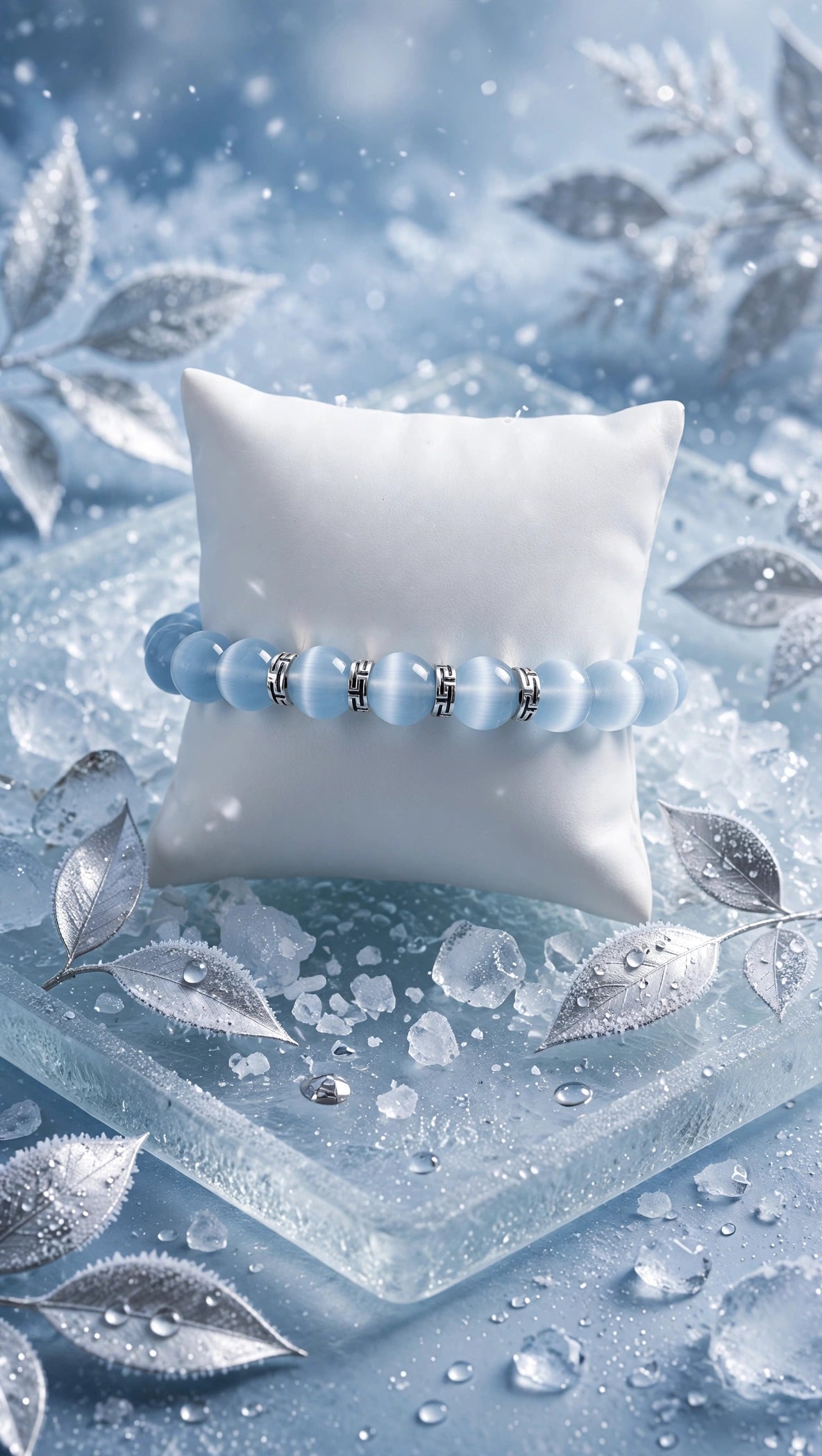 Light Blue Cat’s Eye Bracelet with Silver-Tone Accents