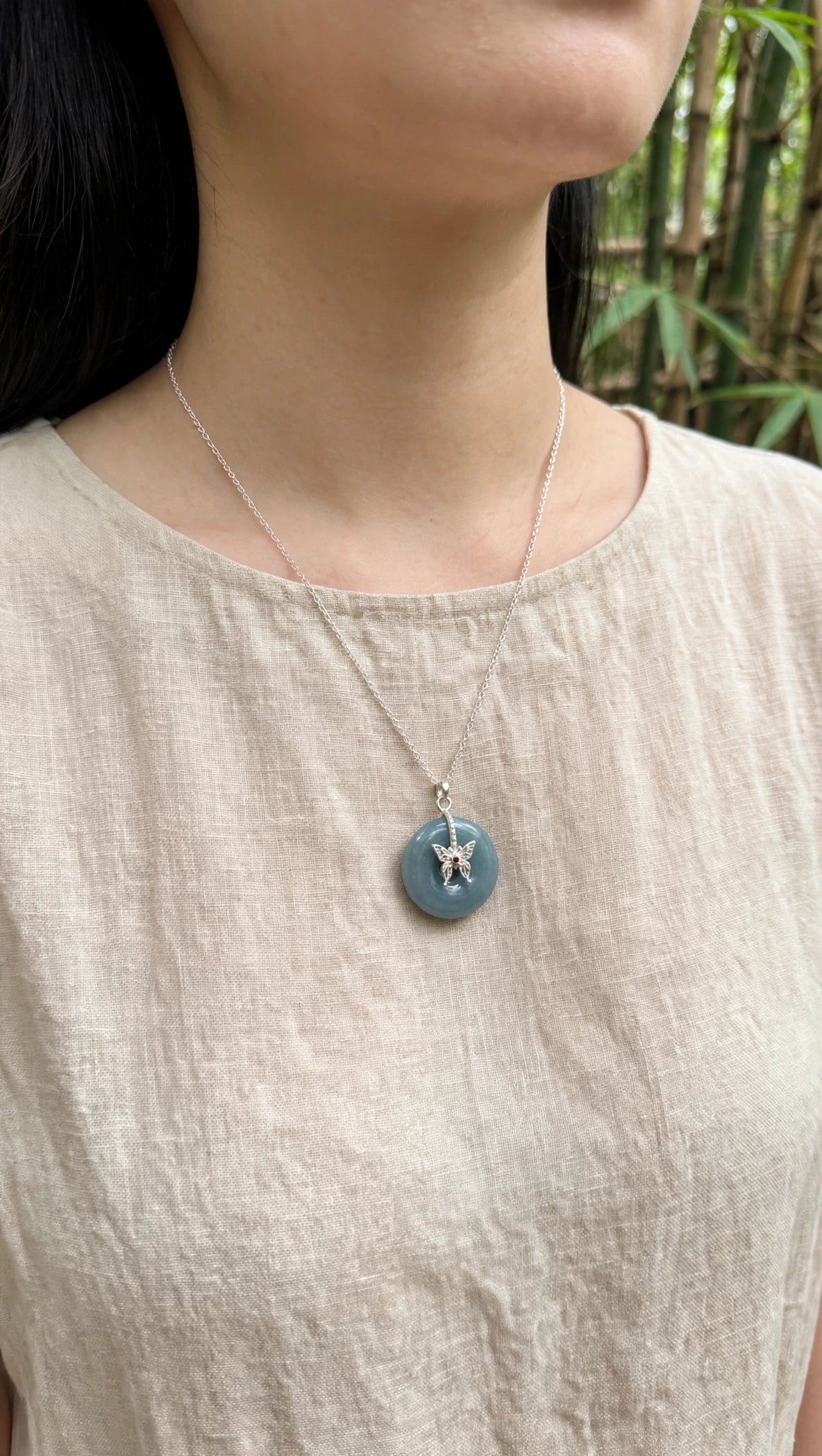 Whimsical Harmony: Natural Blue Water Jadeite Donut Butterfly Necklace