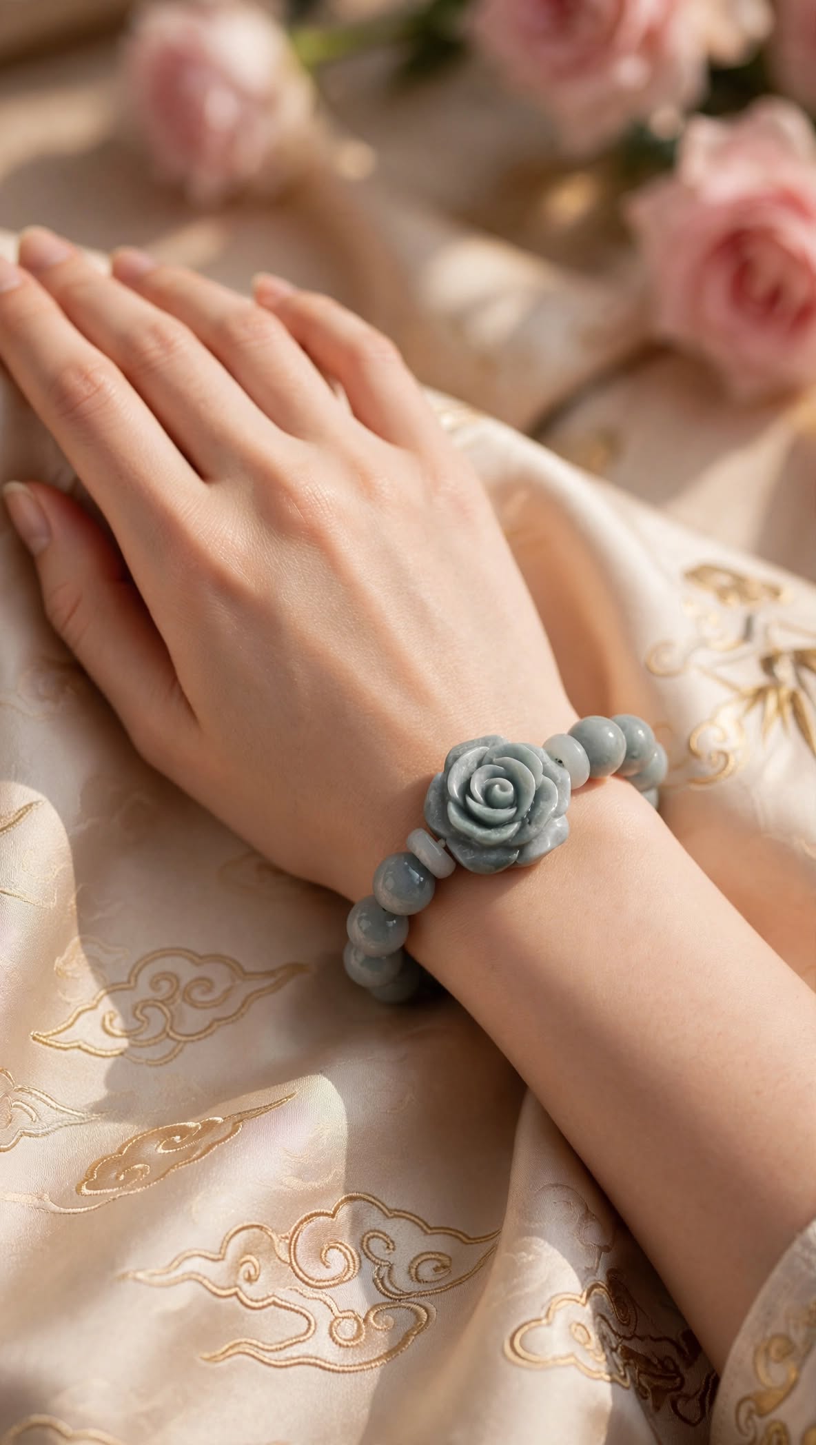 Serene Blossom Blue Water Jade Rose Bracelet