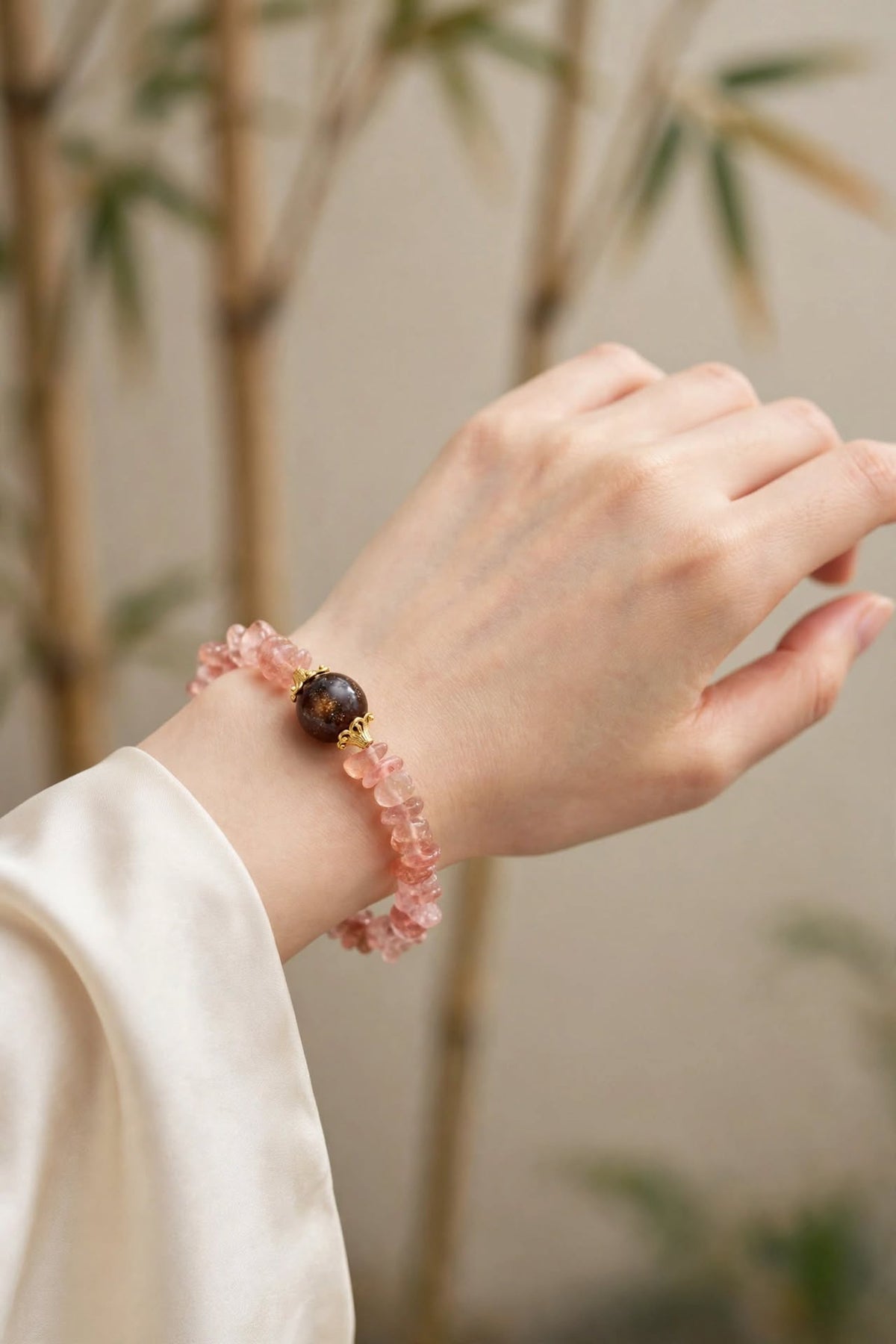 Natural Strawberry Quartz Chips & Fire Quartz Focal Bead Bracelet