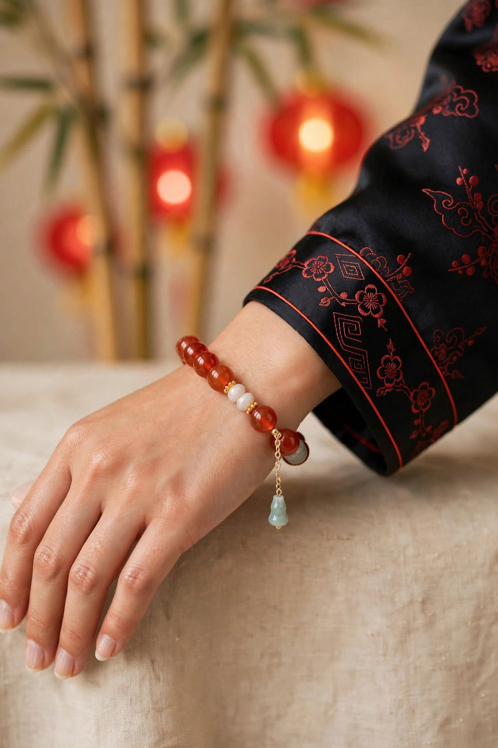 Natural Red Agate & Blue Water Jade Hulu Charm Bracelet