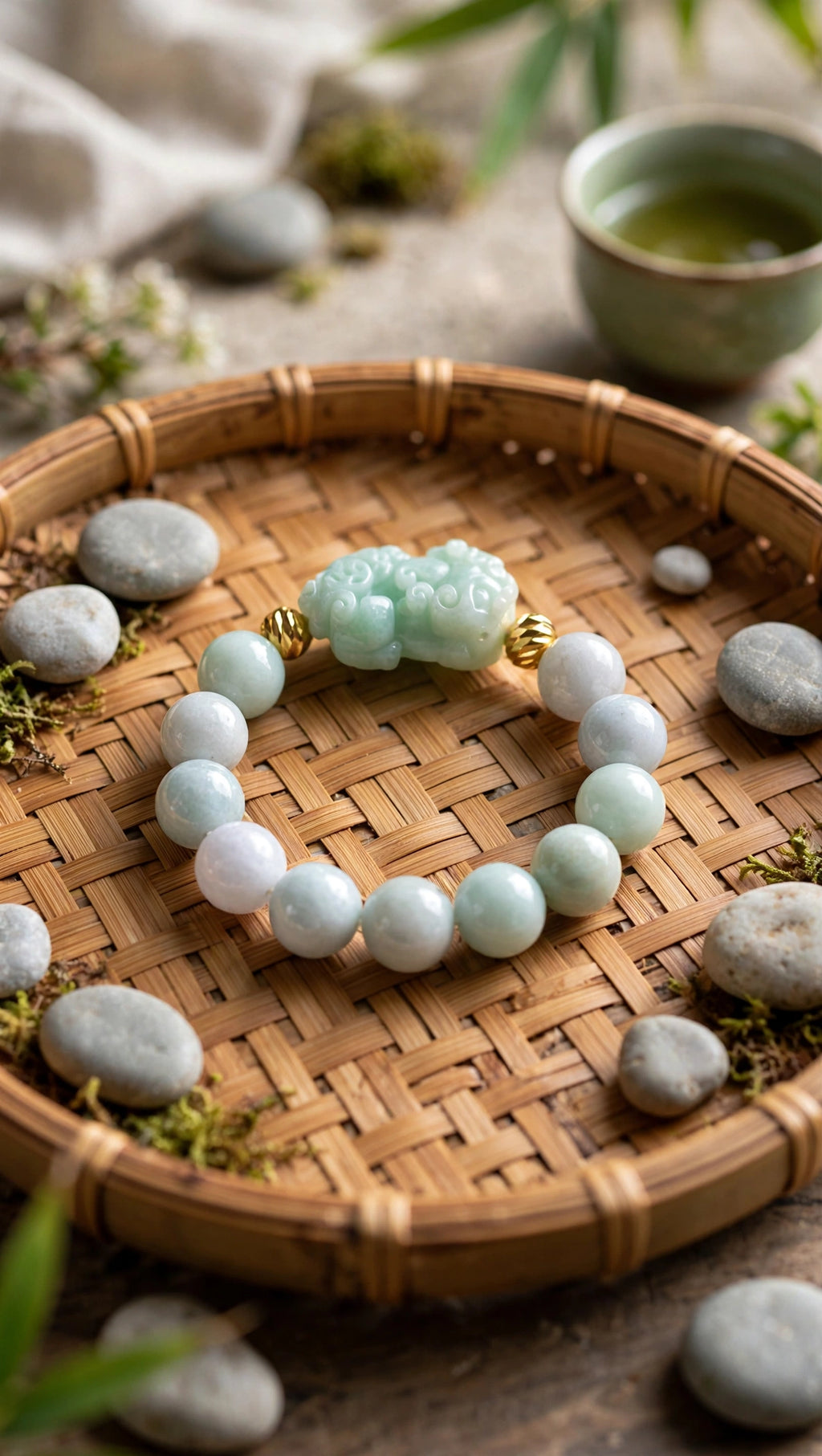 Burmese Jadeite & Pixiu Bracelet with 18K Gold Filled Beads