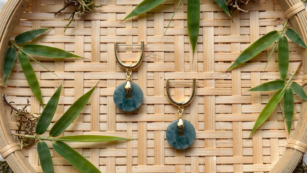 Blue Water Jade Donut U-Hoop Earrings in 18K Plated Gold
