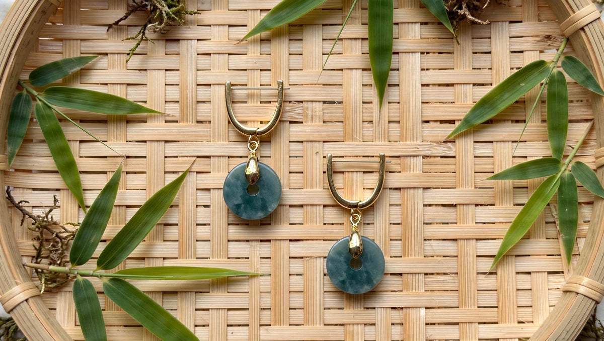 Blue Water Jade Donut U-Hoop Earrings in 18K Plated Gold