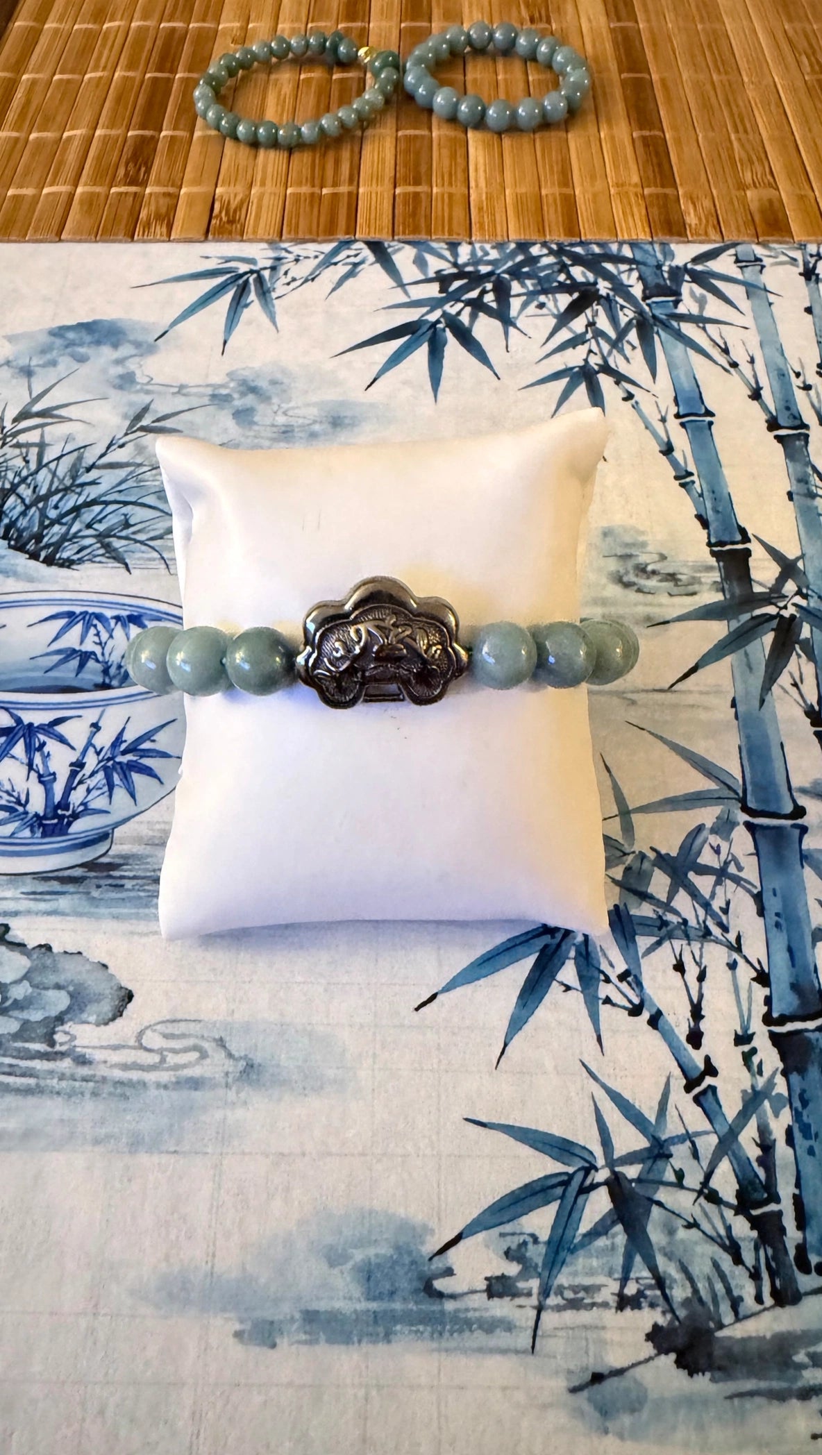 Sovereign Grace: Natural Blue Water Jade 10 mm Bracelet with Gunmetal Ruyi