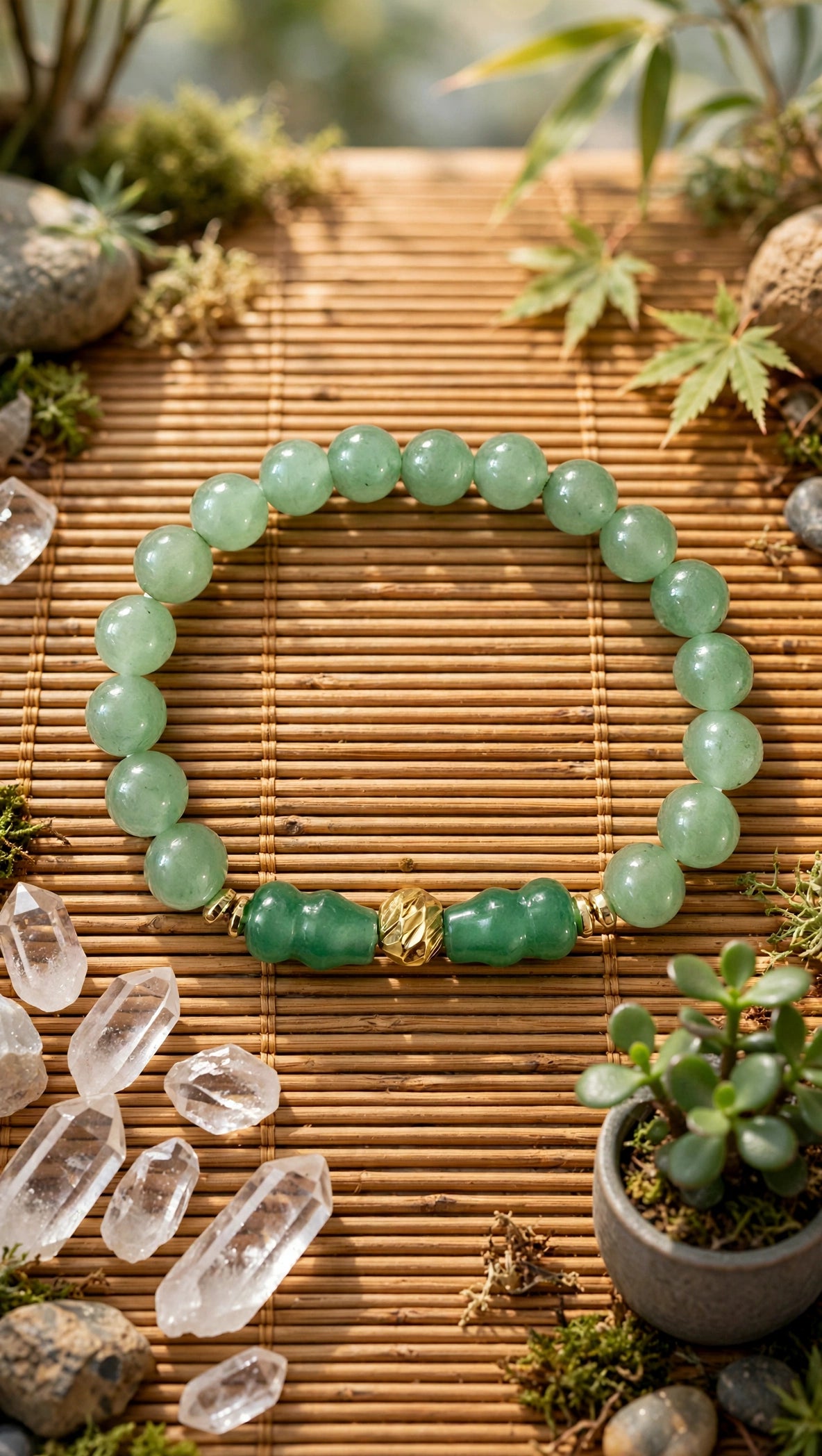 Green Aventurine Hulu & Gold Accent Bracelet