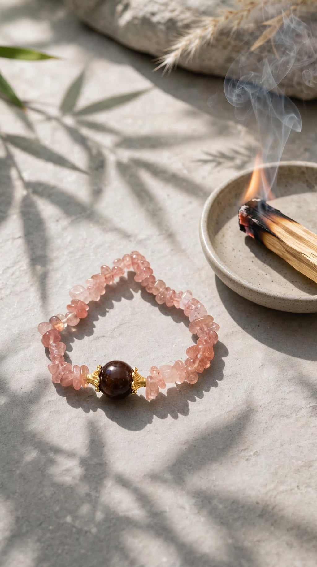 Natural Strawberry Quartz Chips & Fire Quartz Focal Bead Bracelet