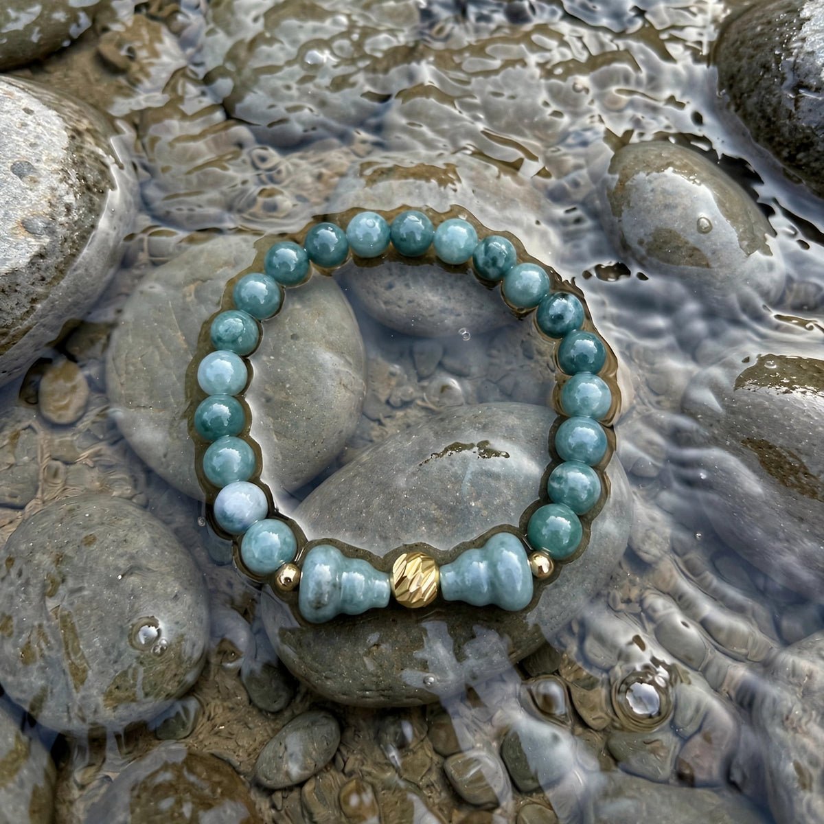 Blue Water Jade Hulu & Gold Accent Bracelet