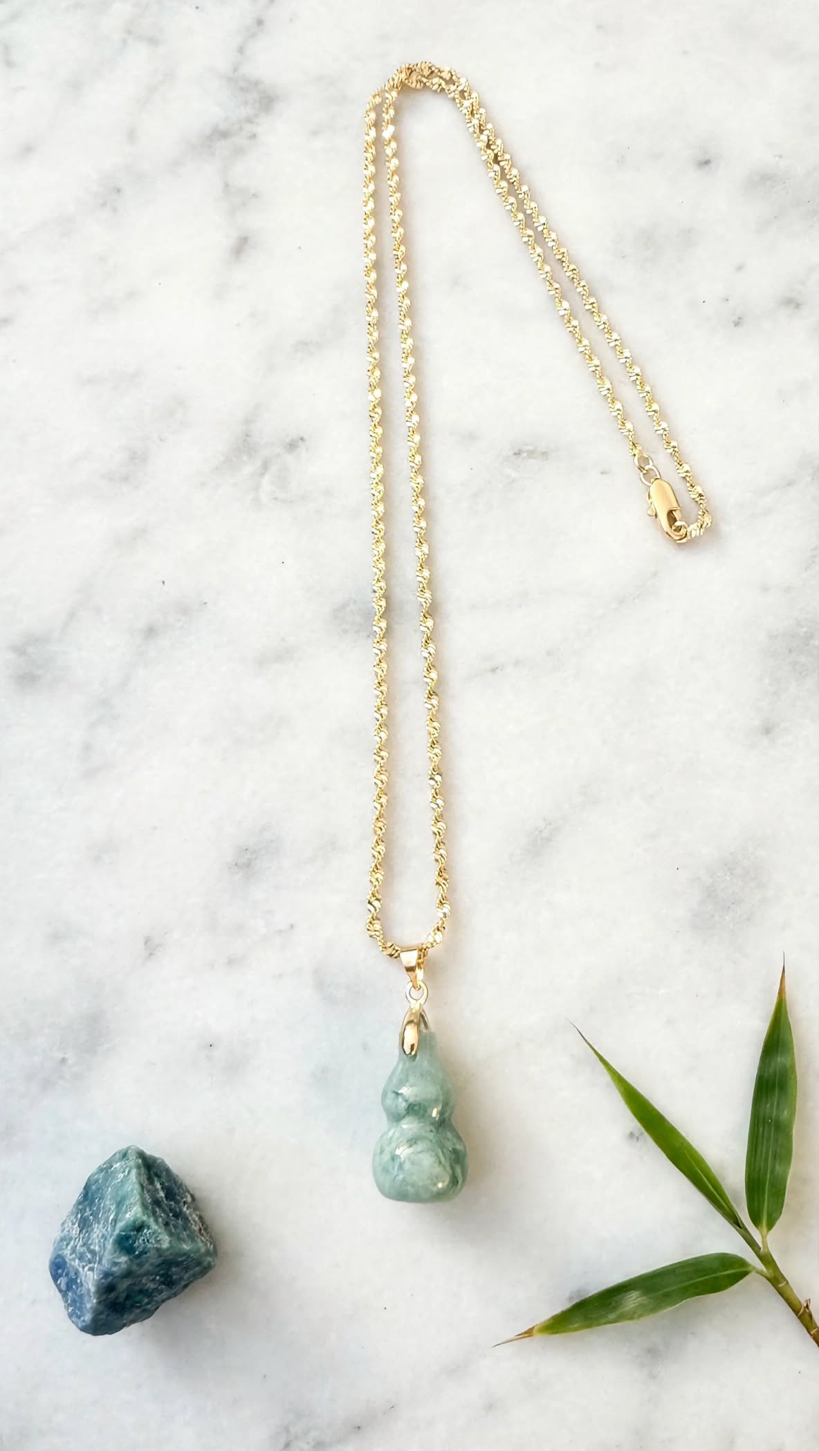 Natural Blue Water Jadeite "Hulu" Gold-Filled Rope Necklace