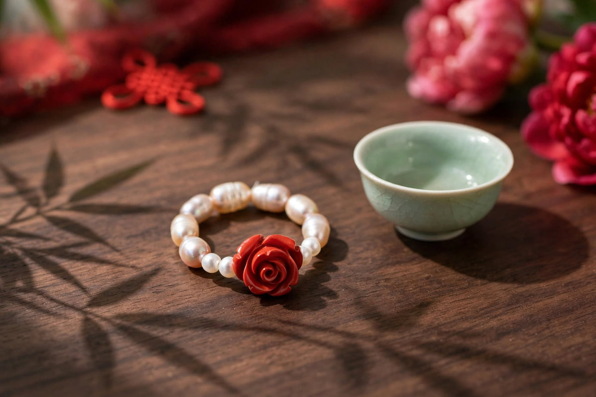 Freshwater Pearl & Cinnabar Rose Beaded Ring