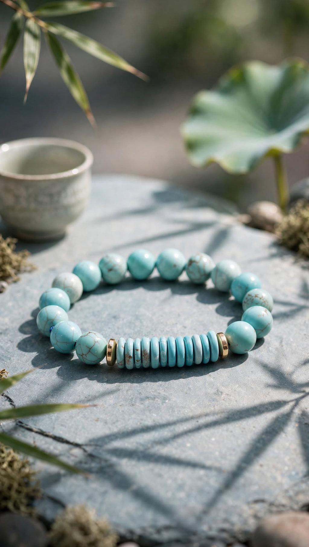 Natural Turquoise Bead & Disc Stack Accent Bracelet