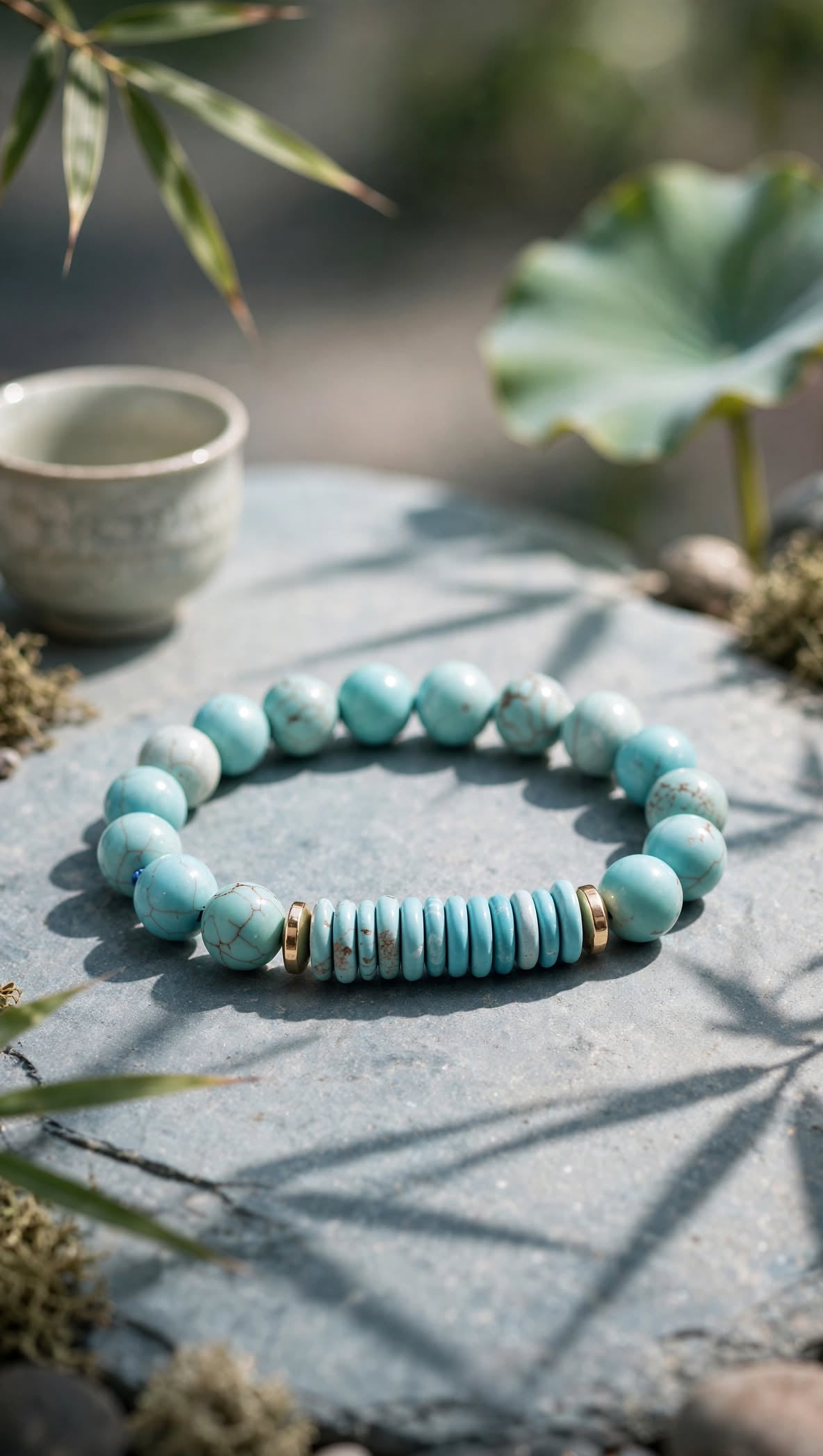 Natural Turquoise Bead & Disc Stack Accent Bracelet